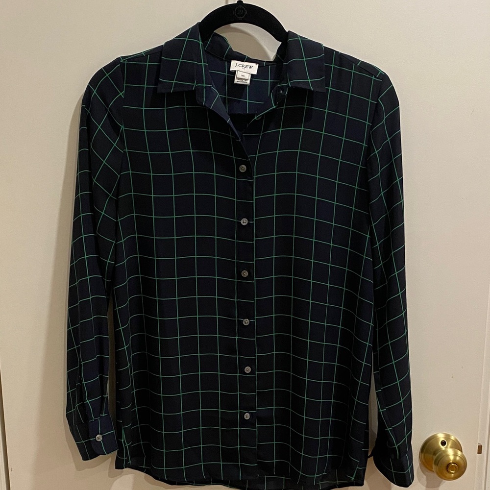 J.Crew Bright Green and Navy Grid Pattern Button Down